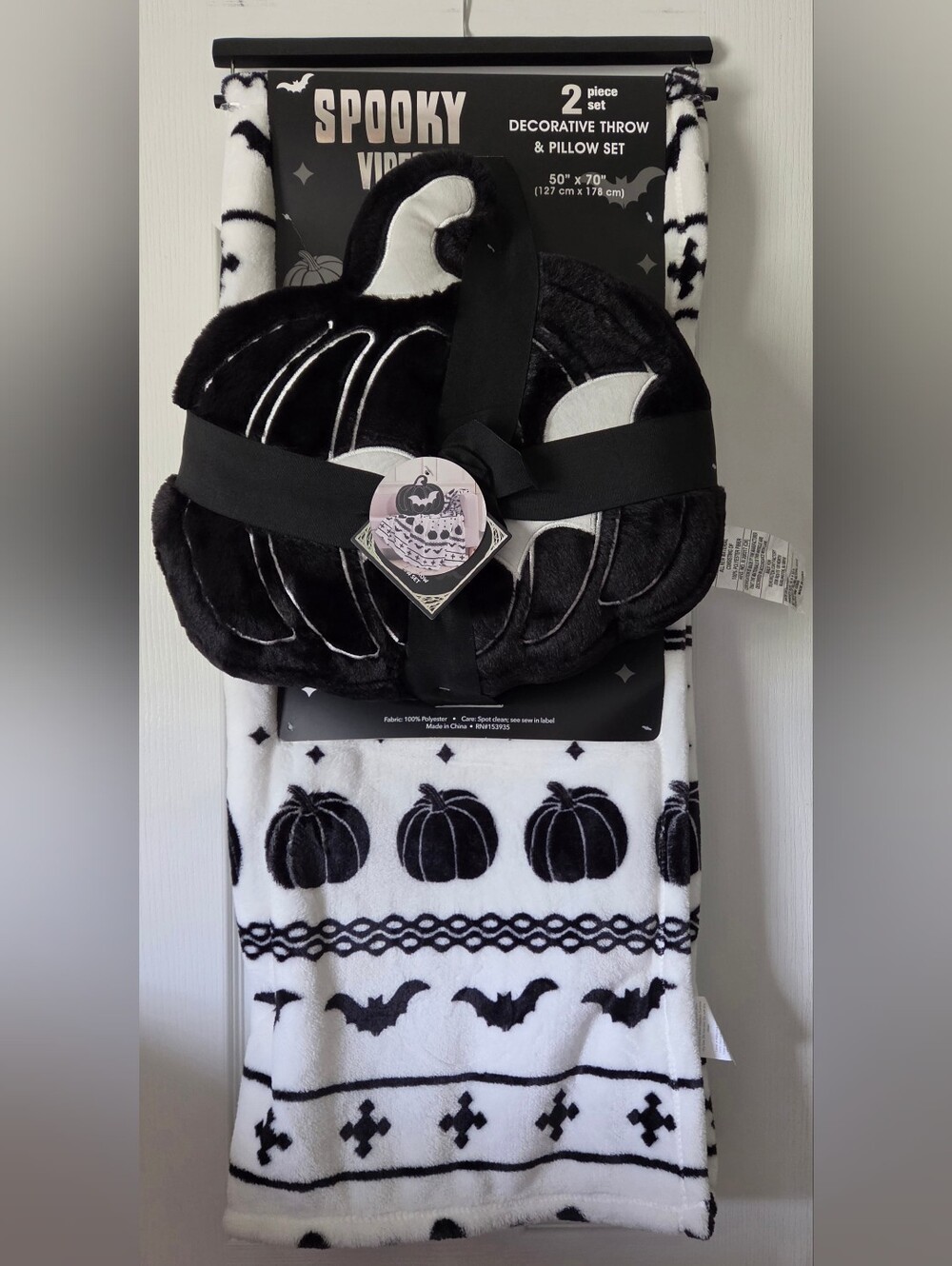 Spooky Vibes Black & White Halloween Pumpkin Plush Pillow & Throw Blanket Set